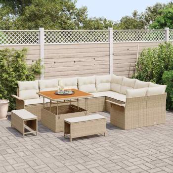 12-teiliges Garten Sofa Set mit Kissen Beige Poly Rattan Akazie
