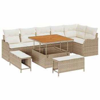 9-Teiliges Garten Sofa Set mit Kissen Beige Poly Rattan Akazie