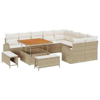 12-teiliges Garten-Sofa-Set mit Kissen Beige Poly Rattan Akazie