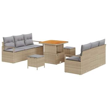 9-tlg. Garten-Sofagarnitur mit Kissen Beige Poly Rattan Akazie