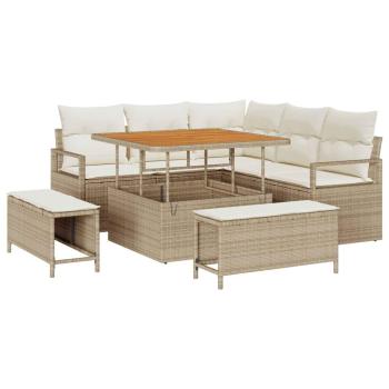 8-teiliges Garten Sofa Set mit Kissen Beige Poly Rattan Akazie