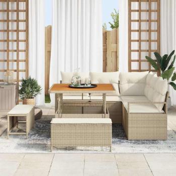 8-teiliges Garten Sofa Set mit Kissen Beige Poly Rattan Akazie