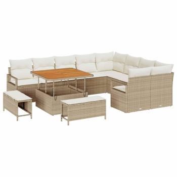 12-teiliges Garten Sofa Set mit Kissen Beige Poly Rattan Akazie
