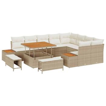 12-teiliges Garten-Sofa-Set mit Kissen Beige Poly-Rattan Akazie