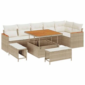 9-tlg. Garten-Sofagarnitur mit Kissen Beige Poly Rattan Akazie