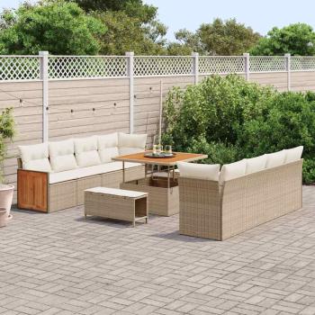11-teilige Garten-Sofa-Set mit Kissen Beige Poly Rattan Akazie