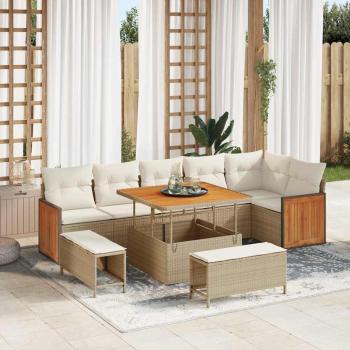 ARDEBO.de - 9-teiliges Garten-Sofa-Set mit Kissen Beige Poly Rattan Akazie