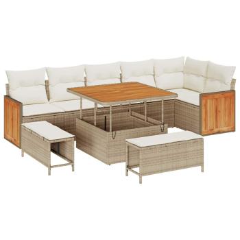 9-teiliges Garten-Sofa-Set mit Kissen Beige Poly Rattan Akazie
