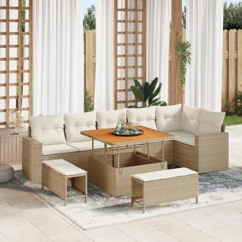 ARDEBO.de - 9-teiliges Garten Sofa Set mit Kissen Beige Poly Rattan Akazie