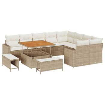 12-teiliges Garten Sofa Set mit Kissen Beige Poly Rattan Akazie