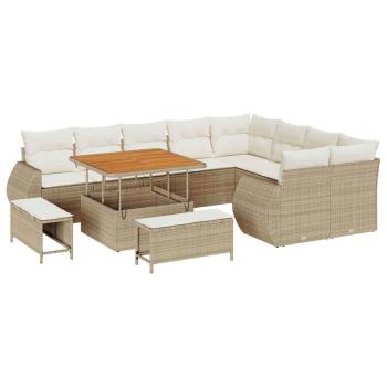 12-tlg. Garten-Sofagarnitur mit Kissen Beige Poly Rattan Akazie