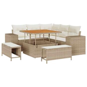 8-teiliges Garten Sofa Set mit Kissen Beige Poly Rattan Akazie