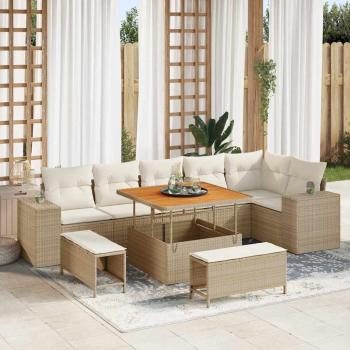 ARDEBO.de - 9-tlg. Garten-Sofagarnitur mit Kissen Beige Poly Rattan Akazie