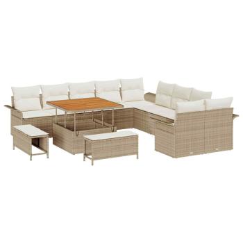 13-tlg. Garten-Sofagarnitur mit Kissen Beige Poly Rattan Akazie