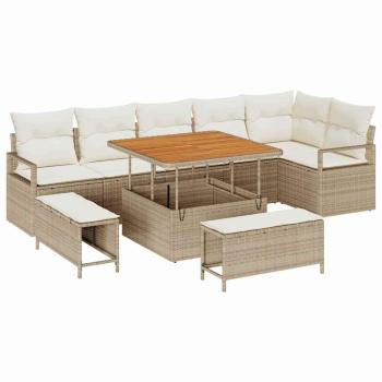 9-teiliges Garten Sofa Set mit Kissen Beige Poly Rattan Akazie