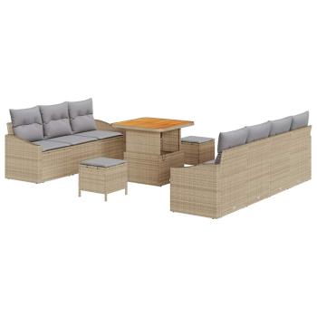 10-teiliges Garten-Sofa-Set mit Kissen Beige Poly-Rattan Akazie