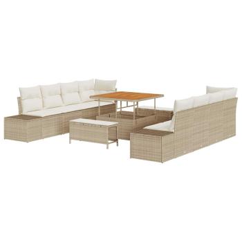 11-teiliges Garten-Sofa-Set mit Kissen Beige Poly Rattan Akazie
