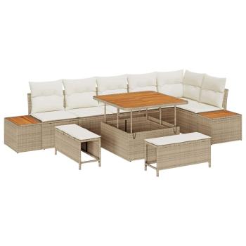 9-teiliges Garten-Sofa-Set mit Kissen Beige Poly Rattan Akazie