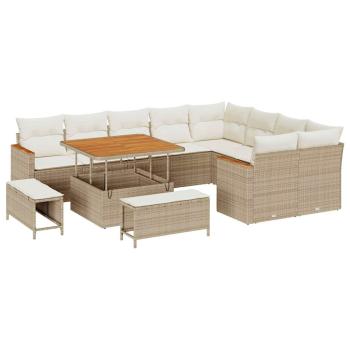 12-teiliges Garten Sofa Set mit Kissen Beige Poly-Rattan Akazie