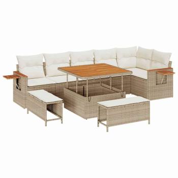 9-teiliges Garten Sofa Set mit Kissen Beige Poly-Rattan Akazie
