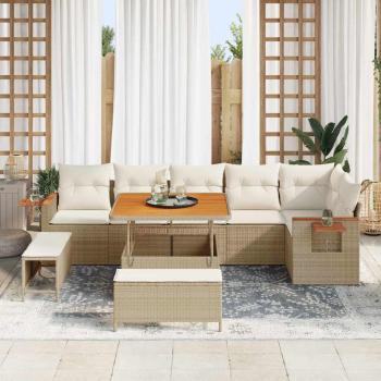 9-teiliges Garten Sofa Set mit Kissen Beige Poly-Rattan Akazie