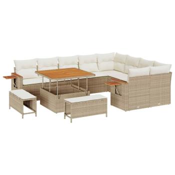 12-teiliges Garten Sofa Set mit Kissen Beige Poly Rattan Akazie