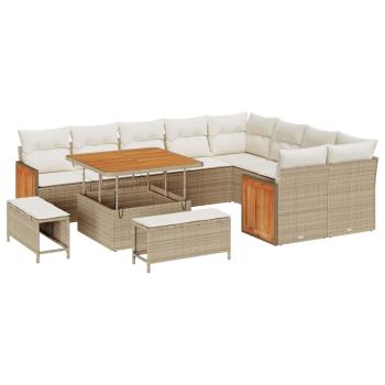 12-teiliges Garten Sofa Set mit Kissen Beige Poly Rattan Akazie