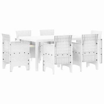 7-teiliges Garten-Esszimmer-Set mit Kissen Weiß Poly-Rattan