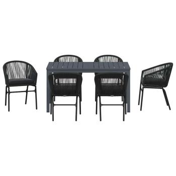 7-teiliges Garten Essgruppen Set mit Kissen Schwarz Poly Rattan