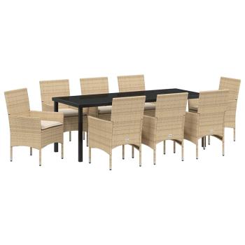 9-teiliges Garten Esstisch Set mit Kissen Beige Poly Rattan