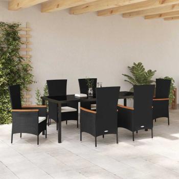 7-teiliges Garten Esstischset mit Kissen, Schwarz Poly-Rattan