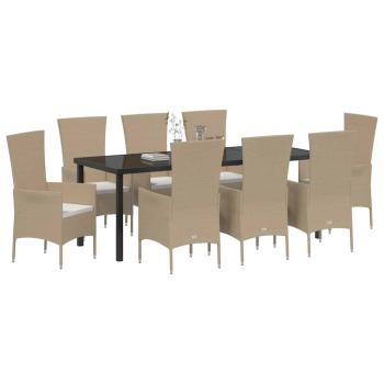9-teilige Garten Essgruppe mit Kissen Beige Poly Rattan