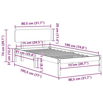 Bettgestell mit Kopfteil Wachsbrown 75x190 cm aus solidem Kiefernholz