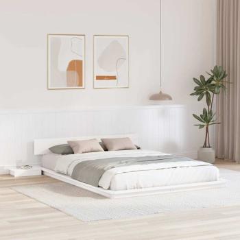 ARDEBO.de - Fußbodenbettgestell mit Nachttischen Weiß 140x200cm Massivholz