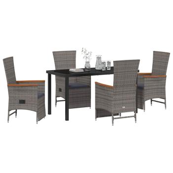 5-teiliges Garten-Dining-Set mit Kissen Grau Poly Rattan