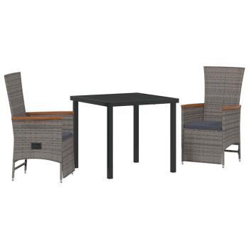 3-teiliges Garten-Esszimmer-Set mit Kissen grau Poly-Rattan