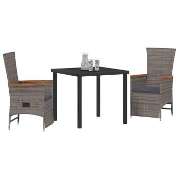 3-teiliges Garten-Esszimmer-Set mit Kissen grau Poly-Rattan