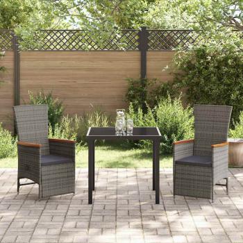 3-teiliges Garten-Esszimmer-Set mit Kissen grau Poly-Rattan