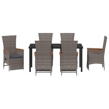 7-teiliges Garten-Essset mit Kissen Grau Poly-Rattan