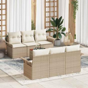 ARDEBO.de - 7-teiliges Garten Sofaset mit Kissen Beige Poly Rattan Akazie