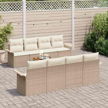 9-teiliges Garten Sofa Set mit Kissen Beige Poly Rattan Akazie