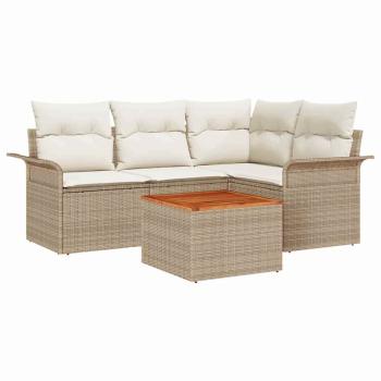 5-teiliges Garten-Sofa-Set mit Kissen, Beige, Poly-Rattan, Akazie