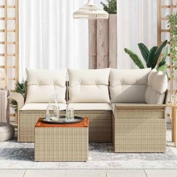 5-teiliges Garten-Sofa-Set mit Kissen, Beige, Poly-Rattan, Akazie