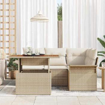 5-teiliges Garten-Sofa-Set mit Kissen Beige Poly-Rattan