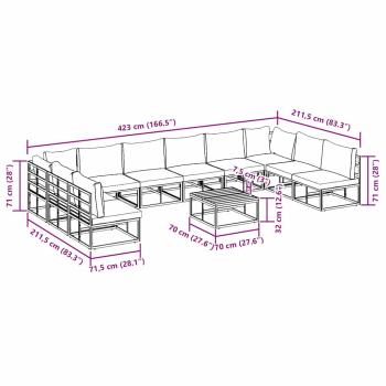 Garten-Sofa-Set 11 pcs Schwarz 70 x 70 x 32 cm Aluminium