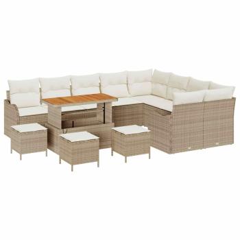13-tlg. Garten-Sofagarnitur mit Kissen Beige Poly Rattan Akazie