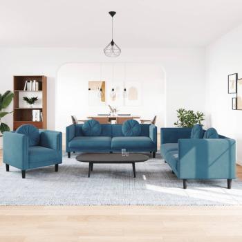 ARDEBO.de - 3-tlg. Sofagarnitur mit Kissen Blau Samt