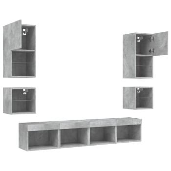 8-tlg. Wohnwand mit LED-Beleuchtung Betongrau Holzwerkstoff