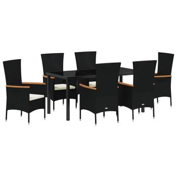 7-teiliges Garten-Dining-Set mit Kissen, schwarzes Poly-Rattan