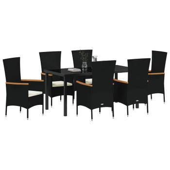 7-teiliges Garten-Dining-Set mit Kissen, schwarzes Poly-Rattan
